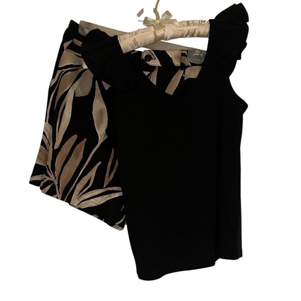 *NEW* Set of Black Ruffle Small Tank w/ Tropical Print Linen Shorts Sz 6